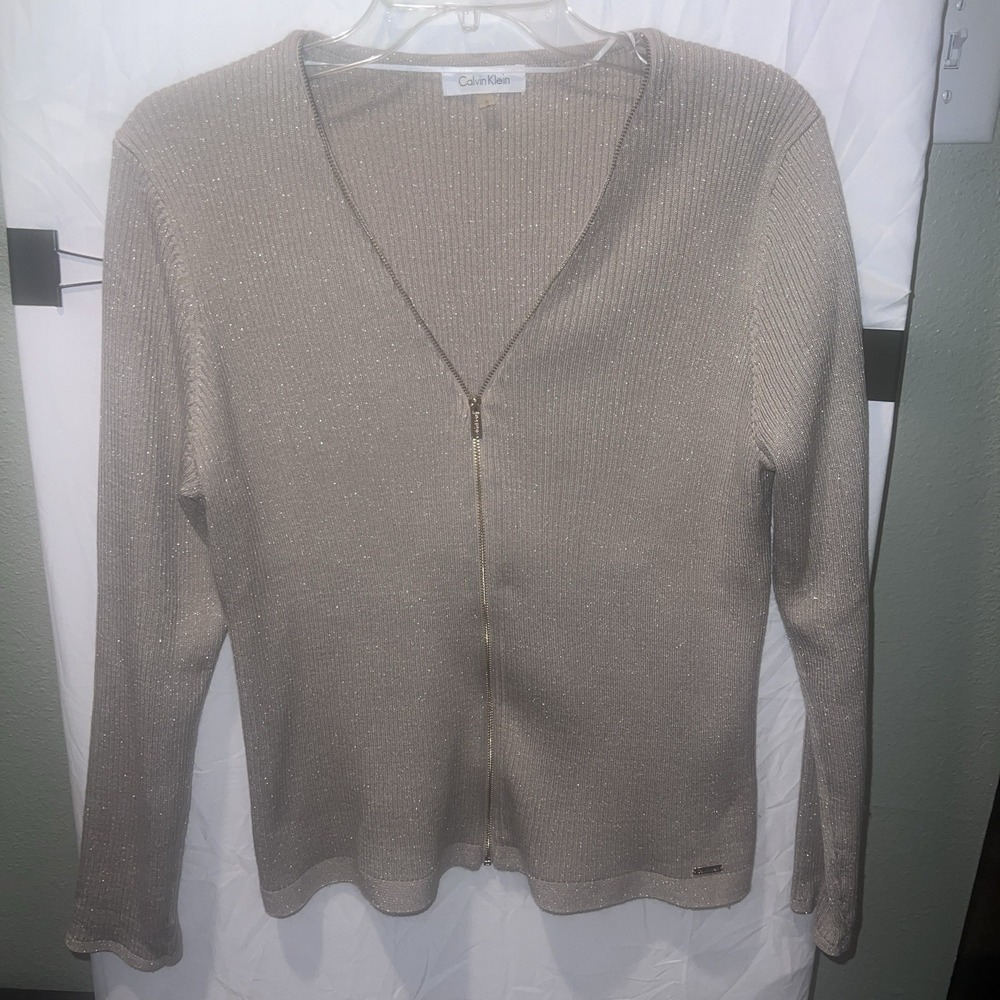 Calvin Klein Women's Gold Zip Shimmer Glitter Sweater L Old Money Fairy NYE